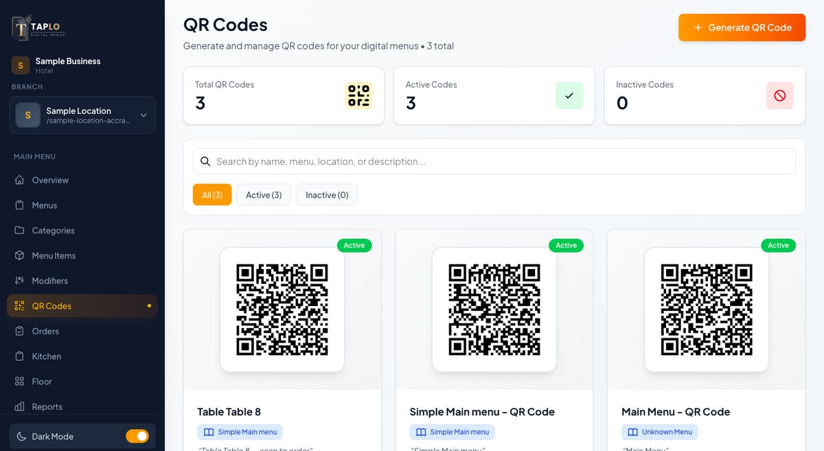 Taplo QR codes: generate and manage QR codes for digital menus